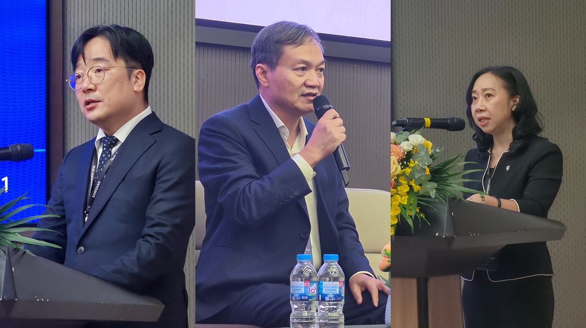 Jiho Cha of Samsung Vietnam, Dang Quang Khoi of An Lap, and Nguyen Ngoc Diep of Vina Technology speak during the Smart Factory session.