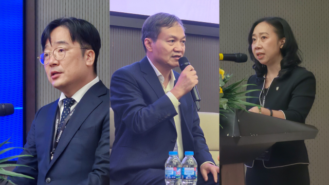 삼성베트남 베트남구매센터 차지호 센터장, 안랍 당 꽝 커이 CEO, 비나테크놀로지 응우옌 응옥 지엡 부사장이 스마트공장 세션에서 발표하는 모습